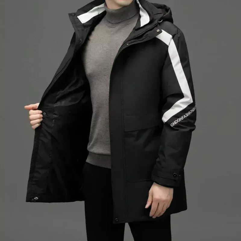 الرجال منتصف طول معطف هود سميكة ، ملابس الشتاء الدافئة ، الباردة أسفل سترة ، بلايز عادية ، جديد