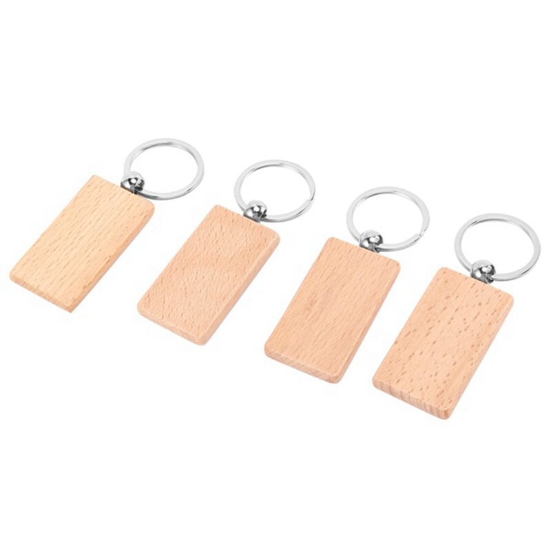 70PCS Unfinished Round Wood Key Tag Wood Engraving Blanks Key Chain For DIY Crafts-Rectangle