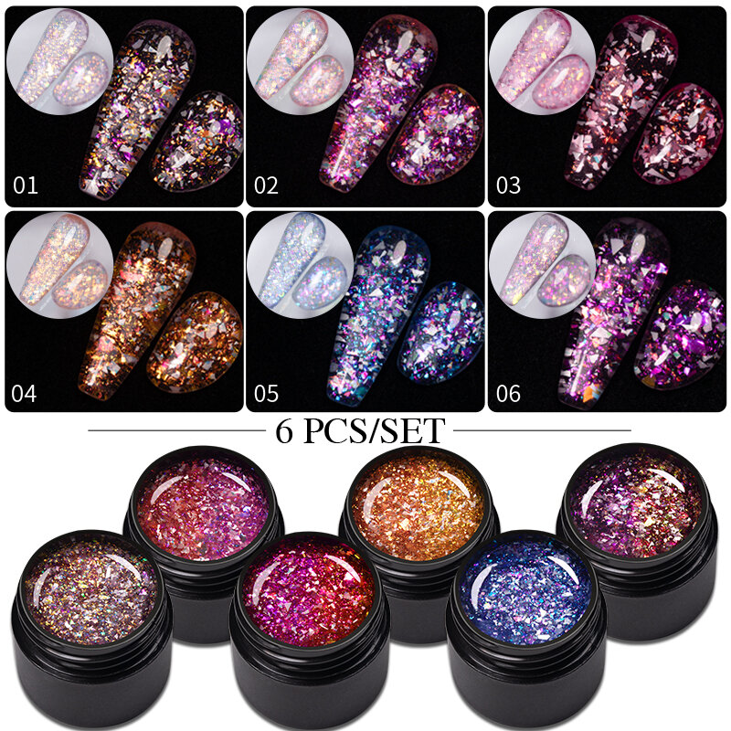 BOZLIN-Auroras Lantejoulas Gel Esmalte, Mica Shell Glitter, Soak Off, Semi Permanente, UV LED Nail Art Verniz, 6pcs por conjunto