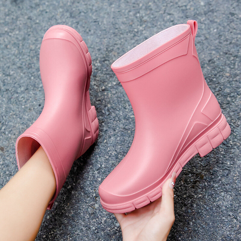 Sepatu bot hujan setengah betis wanita, sepatu bot katun murni hangat modis warna jeli perjalanan luar ruangan serbaguna