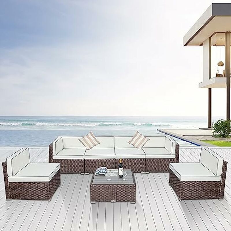 7 Piece Outdoor Patio Furniture Sets with Cushions,  with Coffee Table, for Garden, Deck, Poolside, Cream White