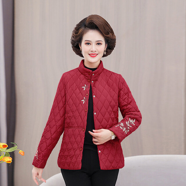 Autumn Ultra Light Women Winter Coat Middle aged Embroidery Down Cotton Jacket Casual Short Coat Winter Thin Diamond Outwear