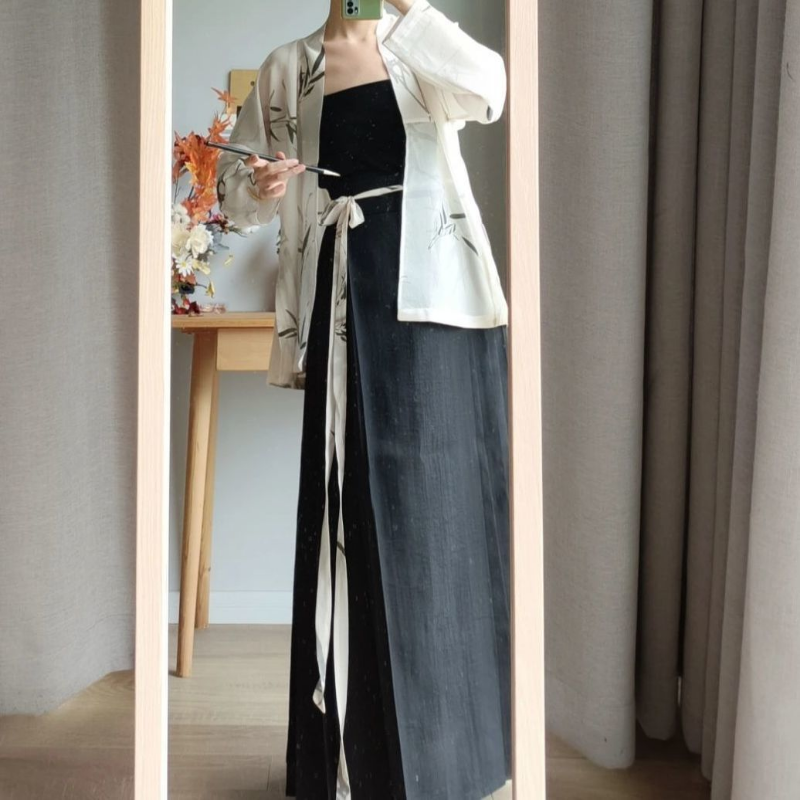 Letnia chińskie tradycyjne sukienka Hanfu 3 szt. Ulepszona nowoczesna bambusowa sweter rozpinany z nadrukiem zakrętka tubki czarny koń spódnica damska