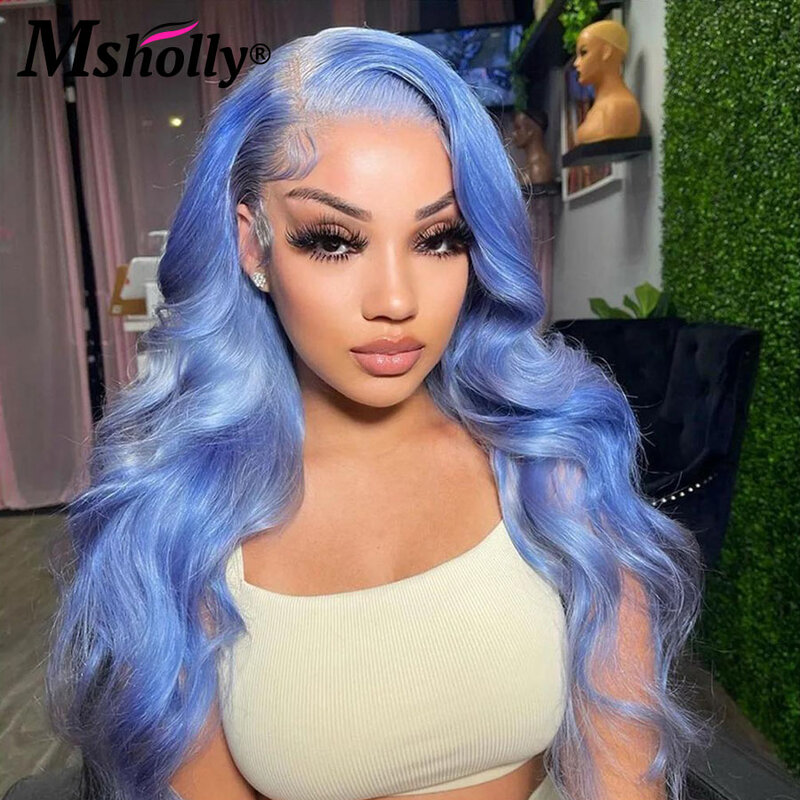 Peluca de cabello humano ondulado azul para mujer, pelo Remy virgen brasileño sin pegamento, prearrancado, HD, transparente, encaje Frontal