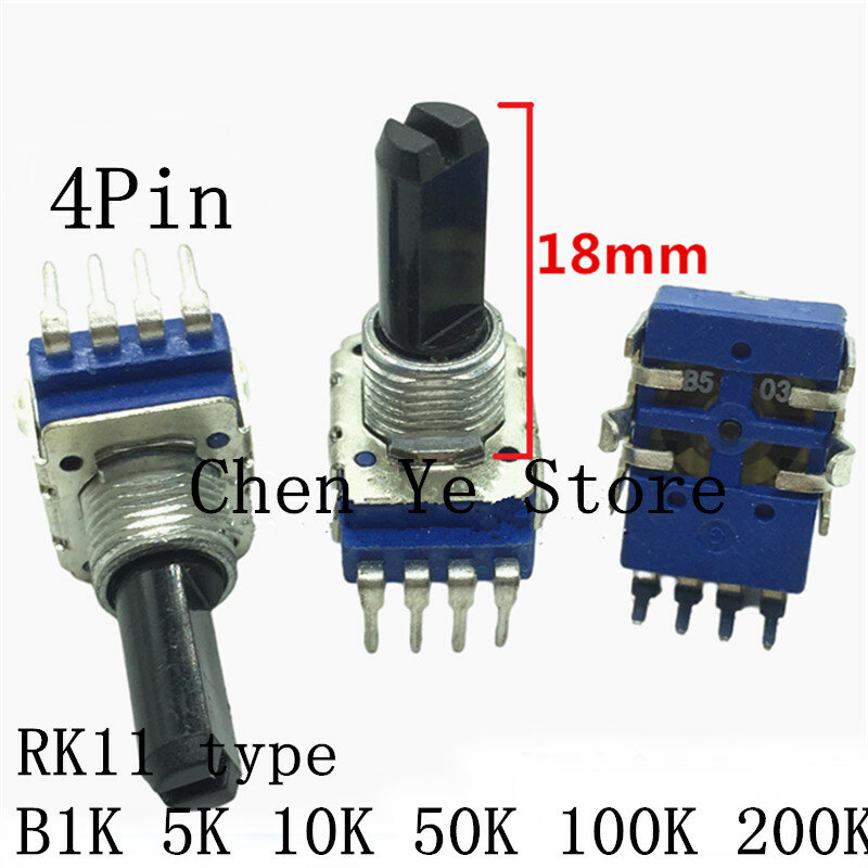 10 pces mono potenciômetro rk11k tipo b1k 5k 10k 50k 100k 200k 4 pé potenciômetro ajuste de volume b10k b103 comprimento do eixo 18mm