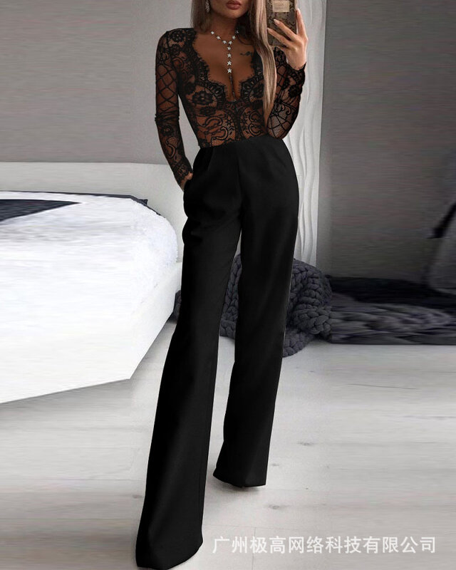Macacão feminino preto elegante de renda manga longa, senhora do escritório, cintura alta, bolso, calça de pernas largas, monocromático, primavera, verão, novo