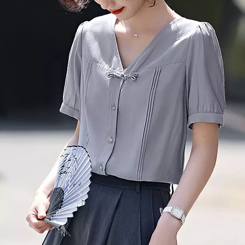 Шифоновая женская рубашка в китайском стиле, летняя винтажная однотонная блузка, свободные женские топы с коротким рукавом, эритройные блузки