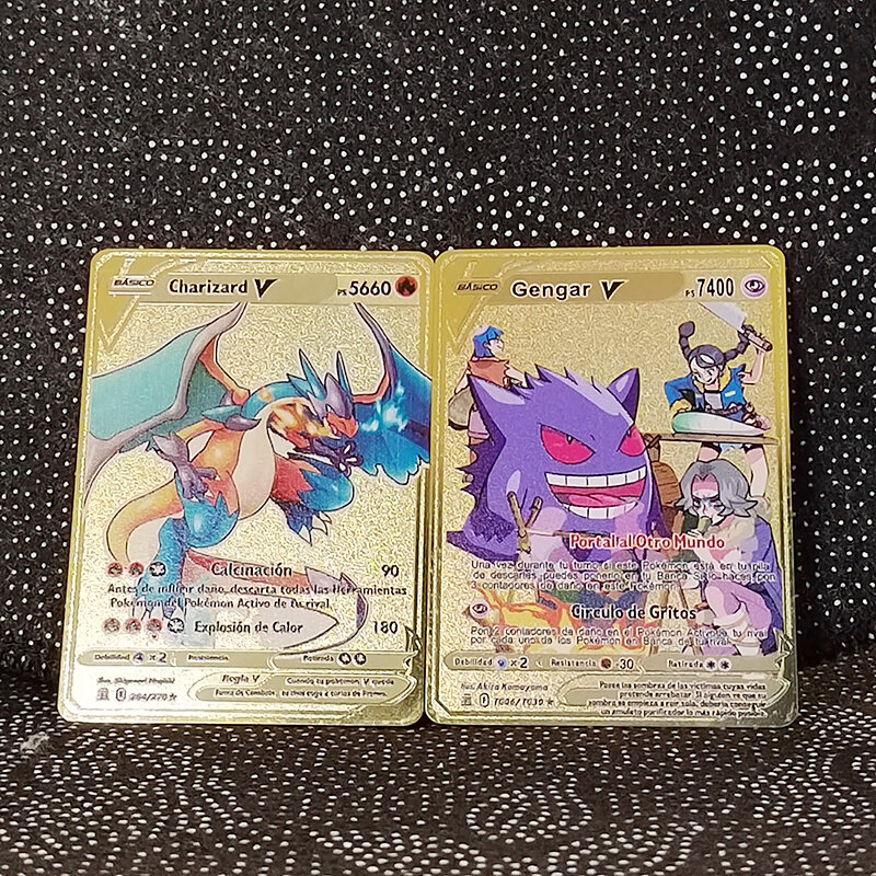 بطاقات البوكيمون المعدنية الاسبانية 5000 حصان Mewtwo Charizard Pikachu Gengar الحديد اللامع Pokémon GX Vmax EX لعبة الأطفال اللعب هدية