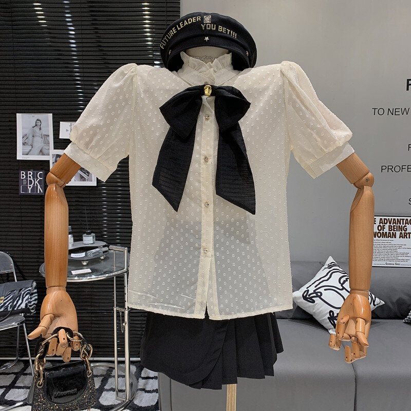 Женский комплект из двух предметов, свободная стильная рубашка в горошек, приталенная юбка А-силуэта с высокой талией
