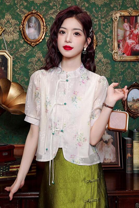 New Chinese Style Button Up Blumen Bubble Sleeve Shirt für Frauen Sommer neue Spitze Chiffon Shirt Top weibliche Kleidung