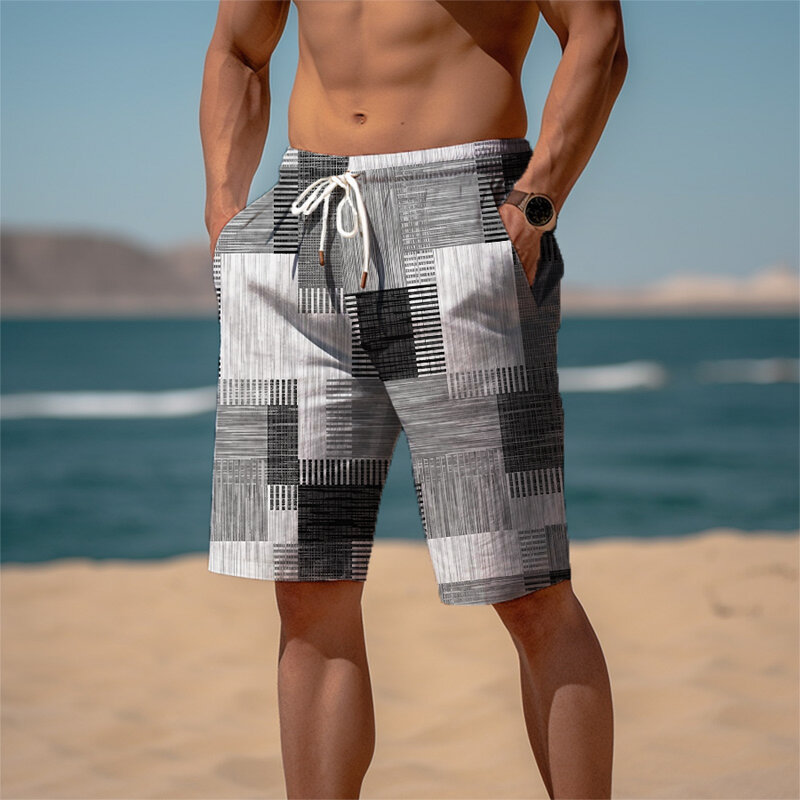 Short de plage pour homme, tissu éponge, taille élastique, imprimé 3D graphique, tissu à carreaux rayé, respirant, doux, 03