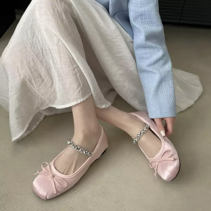 2024 neue Frühling Sommer flache Strass Balletts chuhe Damenschuhe Retro Satin Mary Jane Schuhe Ballerinas Frauen Zapatos Mujer
