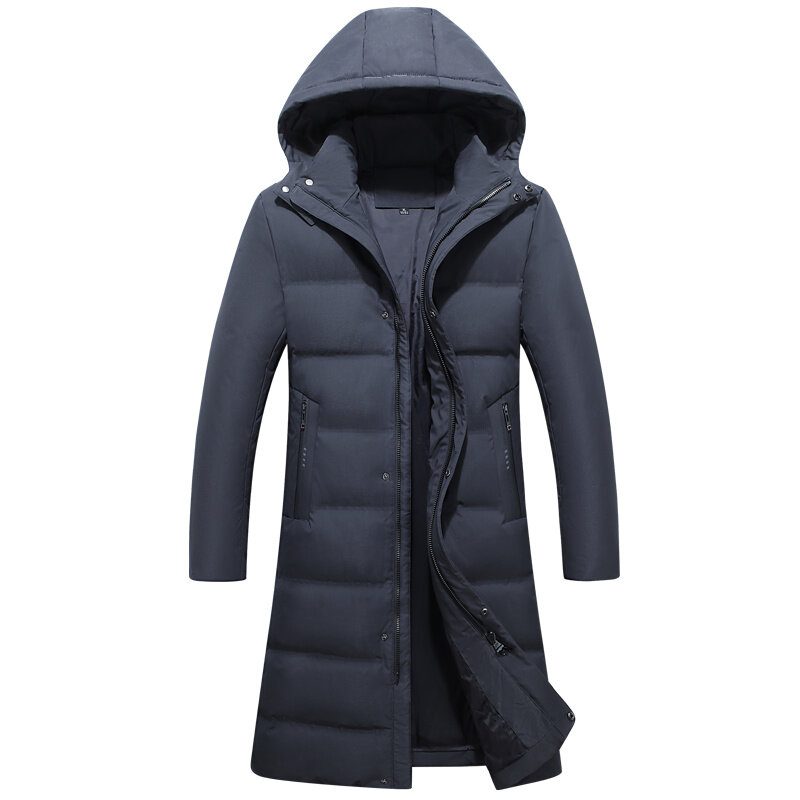 メンズロングホワイトダックダウンフード付きジャケット、暖かいオーバーコート、厚いオーバーコート、膝のパーカーの上、90% のダックダウン、ファッション、冬、2023