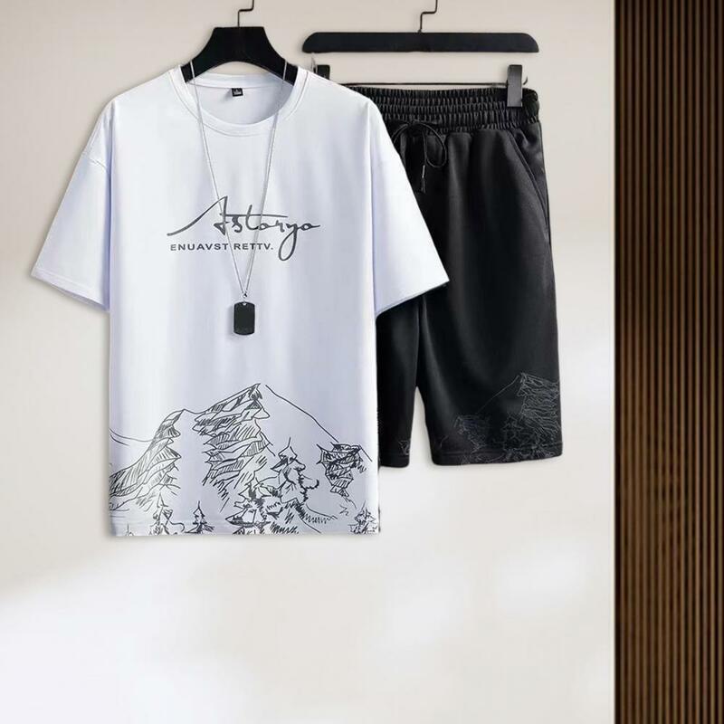 T-shirt Shorts Set Men's Summer Outfit Set with O-neck Short Sleeve T-shirt Elastic Drawstring Waist Shorts Pockets Quick-drying