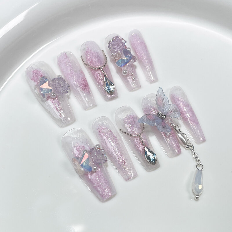 10 Stück süße coole handgemachte Presse auf Nägeln Mandel gefälschte Nagel mit Farbverlauf Metall Schmetterling volle Abdeckung tragbare künstliche Nagels pitzen