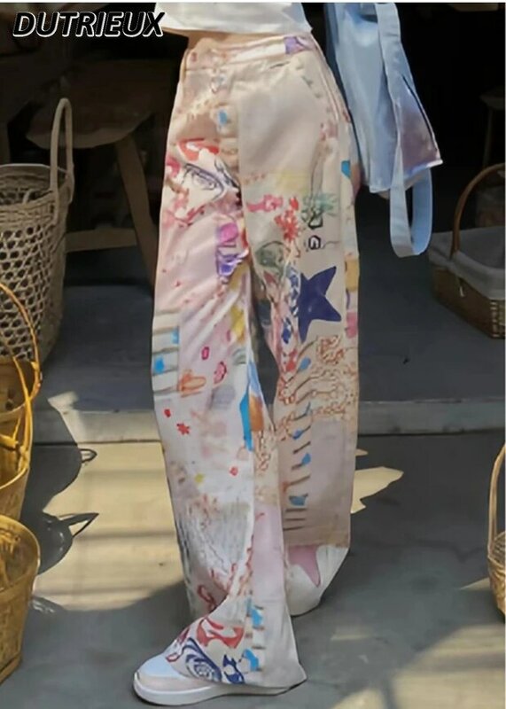 Celana panjang kasual motif grafiti wanita, celana panjang kaki lebar lurus pel pinggang tinggi gaya Korea baru musim semi dan panas 2024