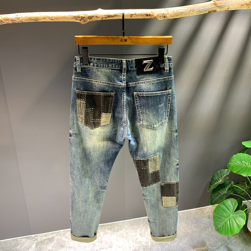 Jeans pria High Street, celana Denim elastis kasual kaki lurus Slim Fit tambalan berlubang mode Vintage kualitas tinggi