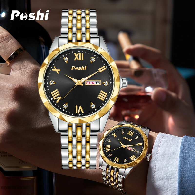 POSHI Quartz Watch for Men Luxury Fashion Stainless Steel Men's Watches Original Simple Clock with Date Week Business Wristwatch