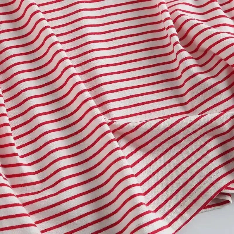 Camiseta de manga corta con escote en contraste para mujer, camiseta a rayas de algodón, Camiseta con cuello redondo, Top holgado informal 2023