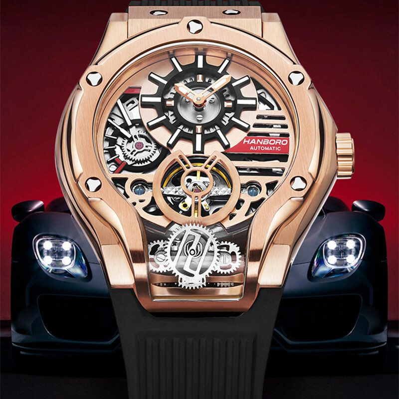 HANBORO wzór samochodu zegarek mechaniczny luksusowe zegarki męskie mechaniczne zegarki na rękę szkielet koła zamachowego zegarek Orologio Uomo