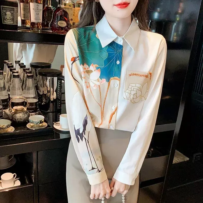 女性用サテン長袖シャツ,花柄の襟,韓国のファッション,だぶだぶ,夏,2024