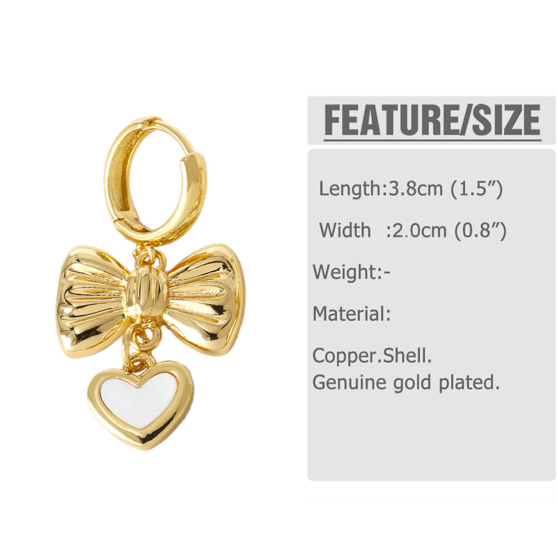 FLOLA Polished Bow Heart Drop Earrings For Women Copper Drop Earring Gold Plated Fashion Jewelry Gifts For MOM ersa274