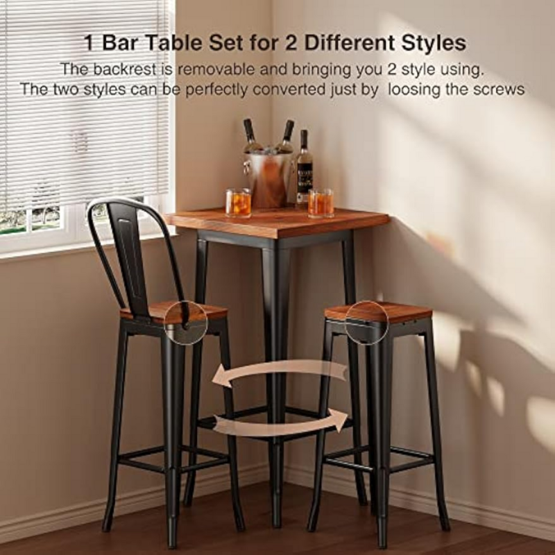 Set tavolo e sedie da Bar Aiho, Set tavolo e sedie da Pub di 2, con struttura in legno massello di olmo e metallo addensato