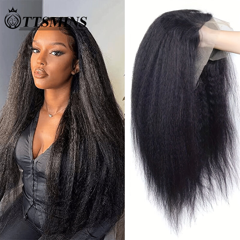 Long 34 Inch Kinky Straight 13x4 Transparent Glueless Wig Human Hair Wigs For Women Yaki Lace Front Wig Human Hair Pre Plucked