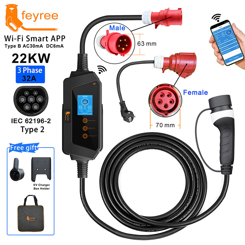 Feyree-cargador EV portátil para coche eléctrico, estación de carga EVSE, Control por aplicación Wi-Fi, 22KW, 32A, tipo 2 trifásico
