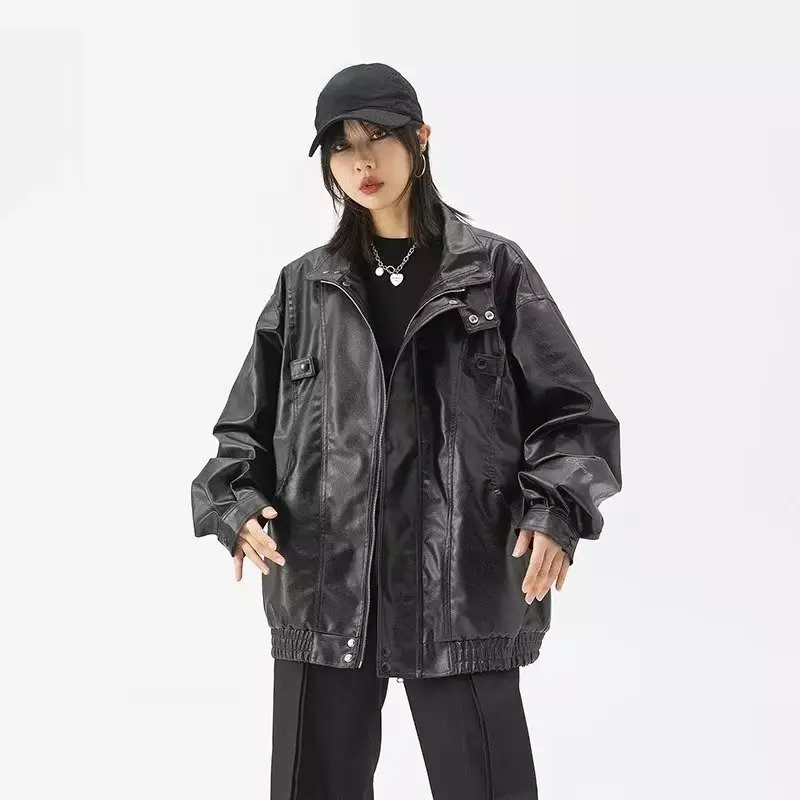 Giacca in pelle da donna Vintage Oversize stile coreano Streetwear Moto Biker giacche con cerniera giacca a vento Casual gotica