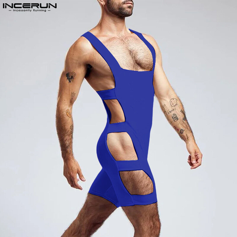 INCERUN jumpsuit pria, jumpsuit seksi mode sisi berlubang ketat elastis santai padat tanpa lengan sudut datar S-5XL 2024
