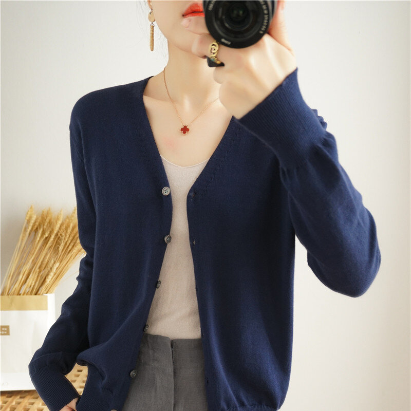 Cardigan tricoté en pur coton pour femme, veste polyvalente, châle fin, manches longues, populaire au printemps et en automne, nouveau, 100%