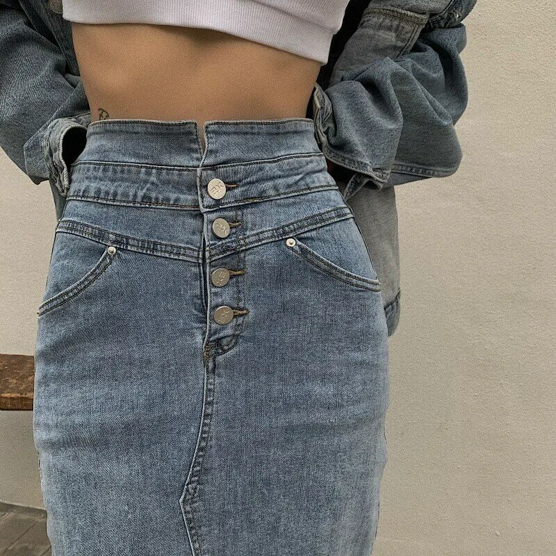Saia jeans azul split sexy feminina, saia demin fina, vintage, coreana, cintura alta, outono, verão, Y2k