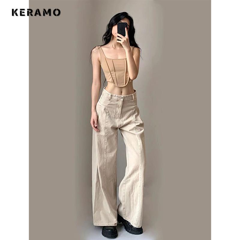 Celana Denim kaki lebar Retro wanita, Jeans longgar kasual Harajuku estetika pinggang tinggi longgar, warna Solid Musim Panas 2024