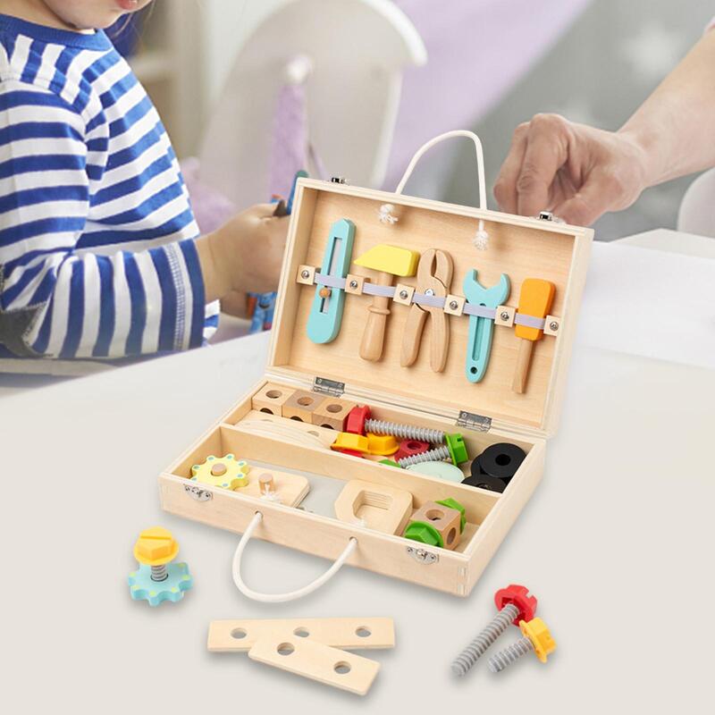 Wooden Toddlers Tool Set Building Construction Sets Toys Tool Box Toys for Children Girls Boys Toddlers Kids Birthday Gifts