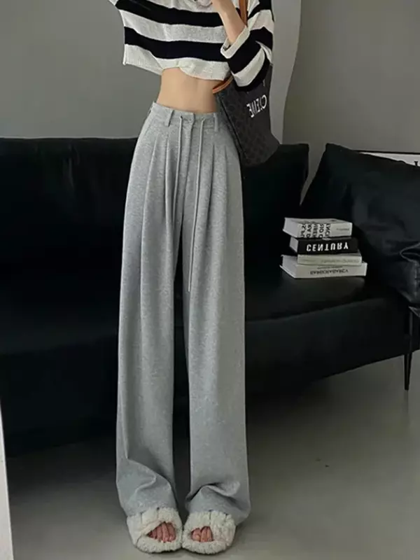 New Fashion Drawstring Loose Straight Tube High Waist Pants for Women Solid Color American Style Casual Pants for Summer