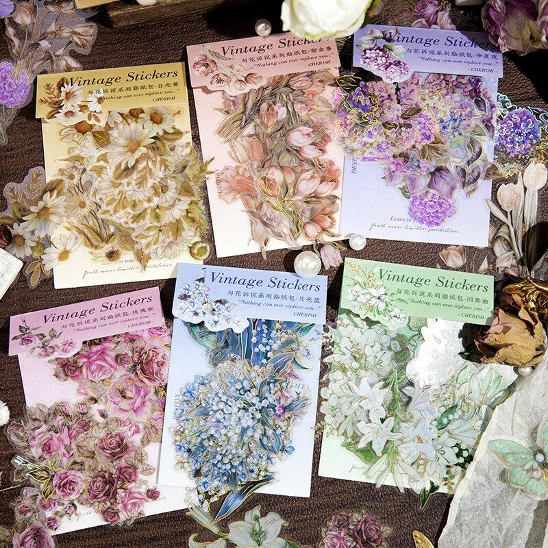 20 buah set stiker bunga, stiker Vintage untuk buku tempel DIY seni Jurnal