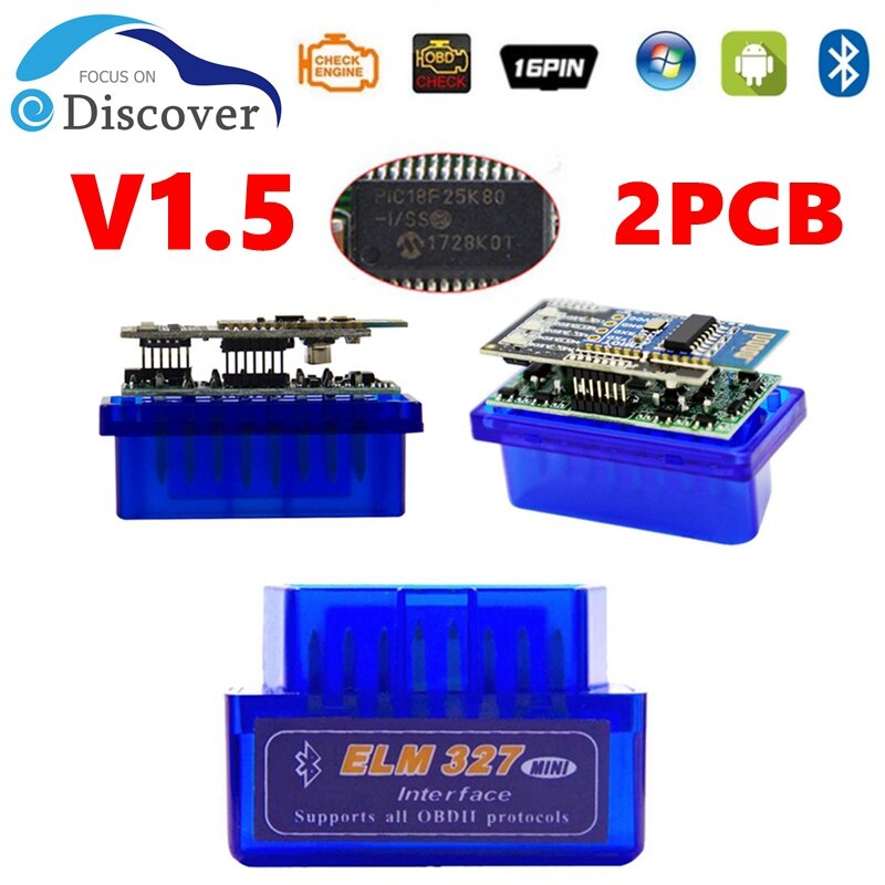 Ferramenta de diagnóstico de carro Bluetooth com chip duplo, Mini Inter Face Check, ELM327, V1.5, duplo, duplo, 2PCB, PIC18F25K80, 1992-2021