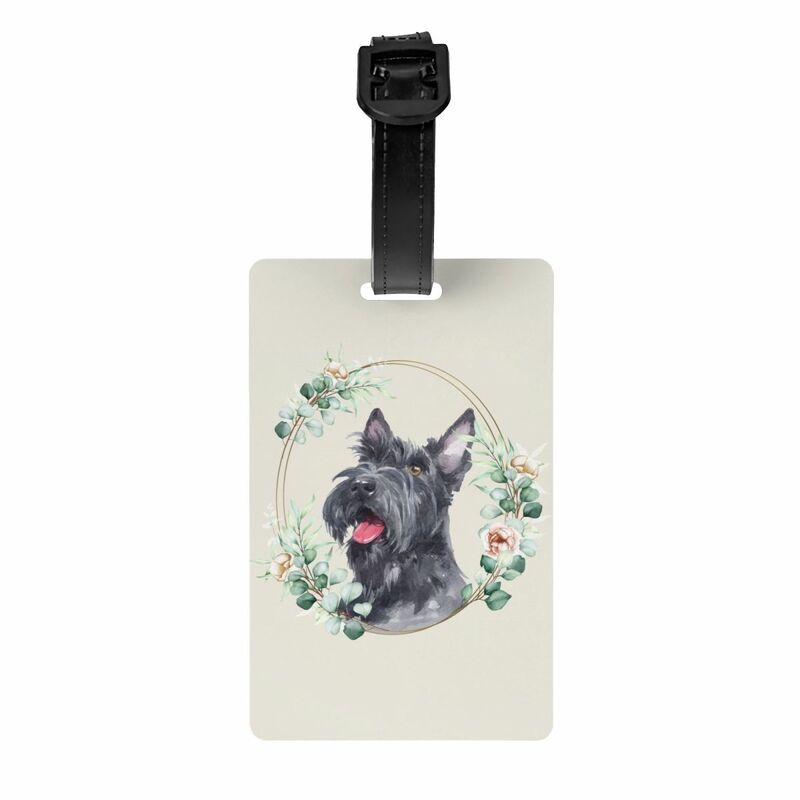 Scottish Terrier Dog In Floral Gold Wreath Luggage Tags Custom Scottie Pet Lover Baggage Tags Privacy Cover ID Label