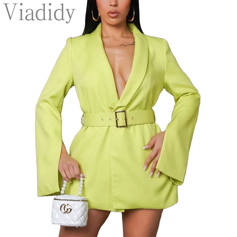 Women's Jacket Solid Color Long Sleeve Office Lady Blazers New In Outerwears with Belt