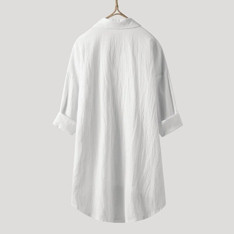 White Shirt Women Casual Cotton Linen Shirts Blouse Loose Dress Lapel Neck Button Long Sleeve Cardigan Beachwear Clothes Blusas