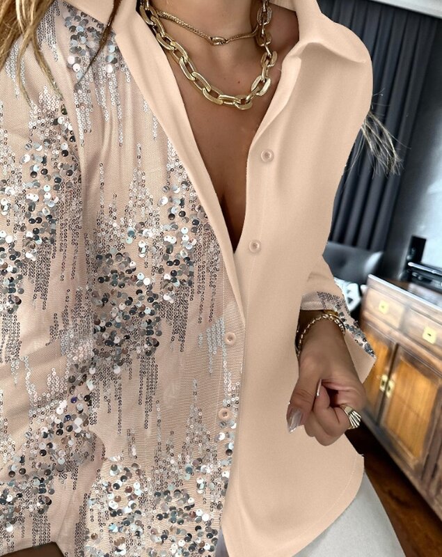 Women's Casual Buttoned Contrast Sequin Long Sleeve Top Temperament Commuting Female Long Sleeve Fashion Daily Blouses