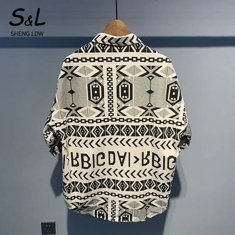2024 New Summer Trend Korean Version Personalized Hip-hop Style Lapel Fashionable Print Loose Oversize Casual Mid Sleeved Shirt
