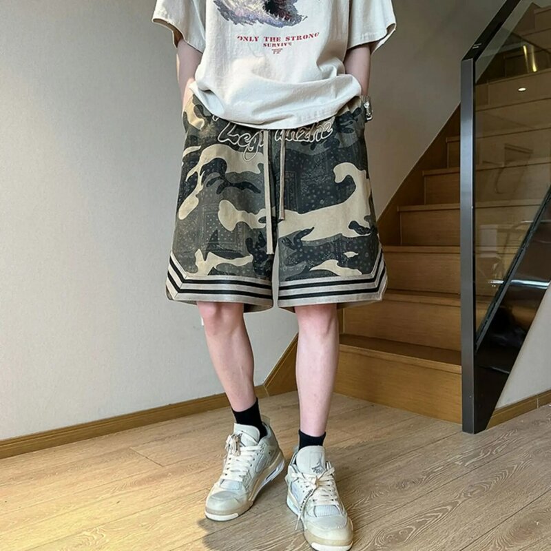 Embroidered camouflage hip hop casual shorts men's summer loose boys' cropped pants drawstring pants mid-pants