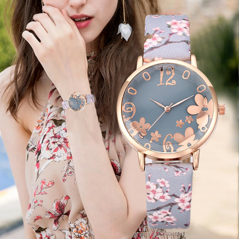 Girl Luxury Watch Women New Fashion Embossed Flowers Small Fresh Printed Belt Dial Watch Female Student Quartz Watch relogio