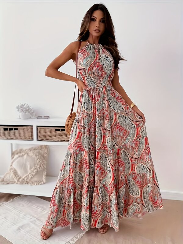 Kontrastowy kolor sukienki damskie elegancka luźna letnia 2024 plażowa damska długa sukienka wysoka talia bez rękawów nowa moda Midi długość