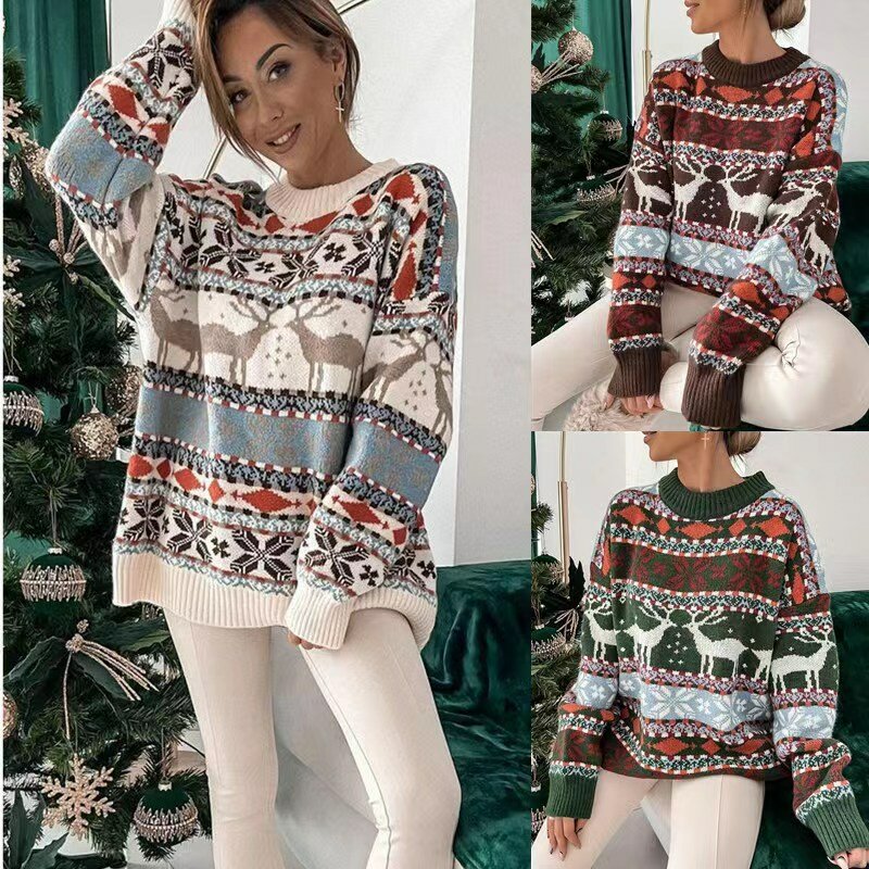 Pulôver feminino de malha de alce natalino, suéter étnico quente feminino, moda solta, outono, inverno