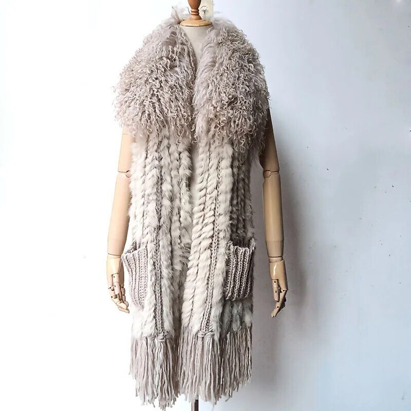 Chaleco de piel de conejo Real con cuello de piel de oveja de Mongolia para mujer, chaleco largo de punto elástico, chalecos de piel para mujer, Moda de Primavera 2019