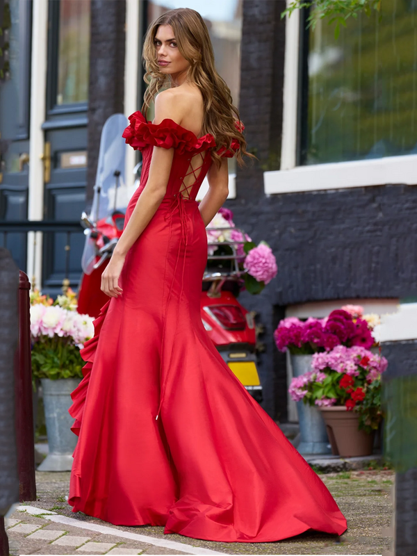Oisslec-フリルサテンのイブニングドレス,プロモーションドレス,分割,フロントドレス,タイト,セレブのドレス,床の長さ,パーティードレス,カスタマイズ