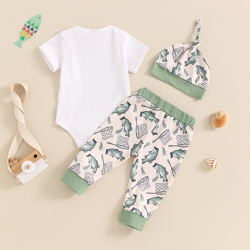 2024-04-10 Lioraitiin Baby Boy Summer Outfit Letter Print Short Sleeve Romper with Fish Pattern Pants and Hat